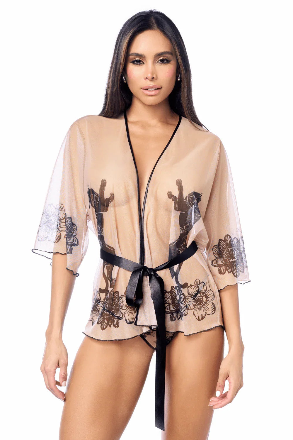 Printed fishnet kimono