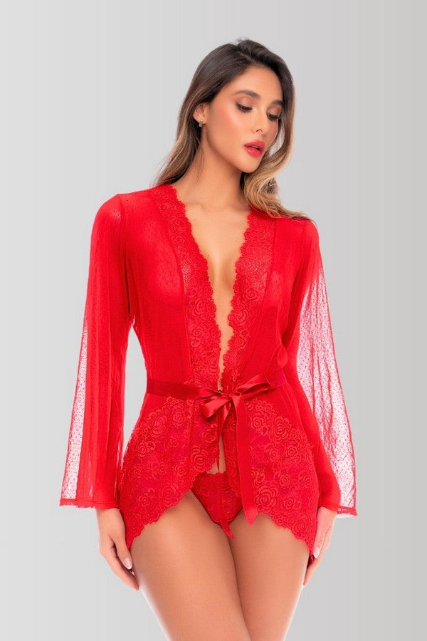 Dotted mesh and lace robe set