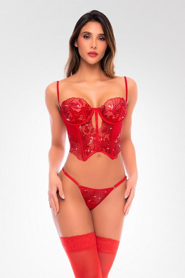 Red sequin embroidered bustier set