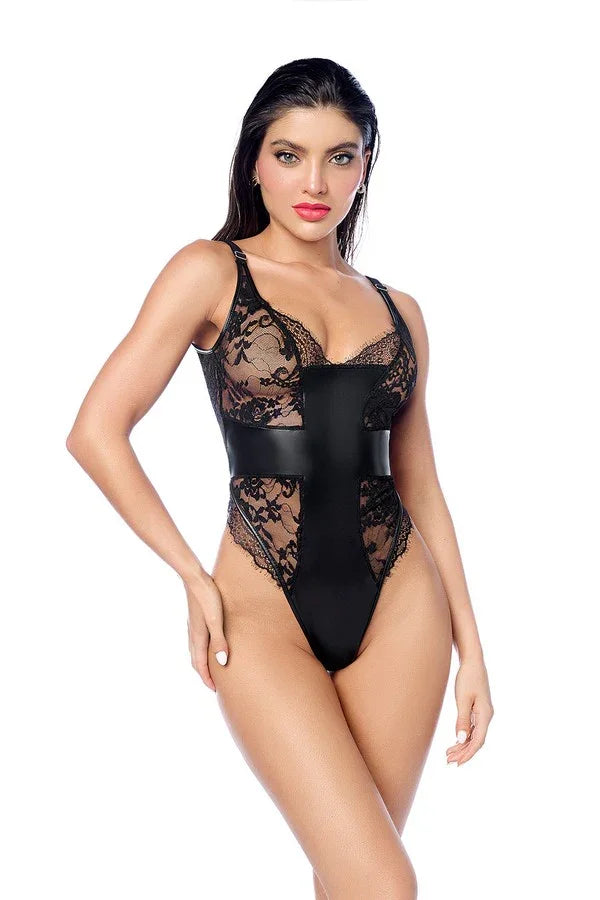 Body dentelle & faux-cuir Croix par Mapalé lingerie