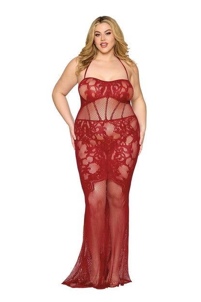 Long burgundy fishnet nightie +