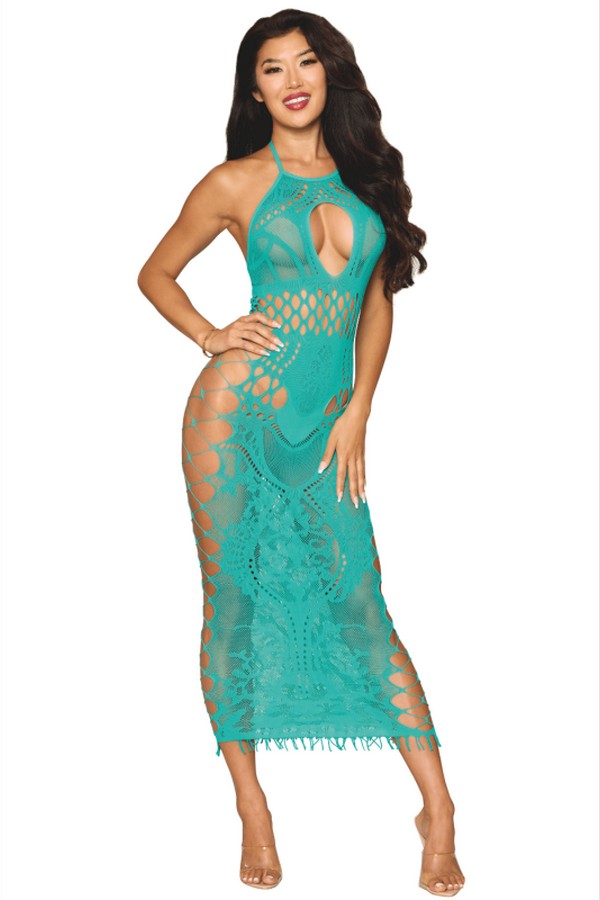 Long turquoise fishnet dress