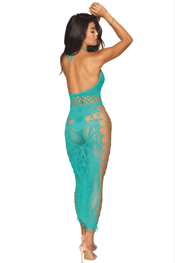 Long turquoise fishnet dress