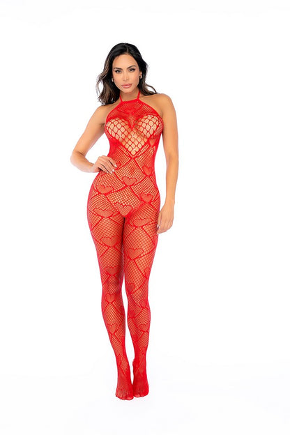 Heart Fishnet Bodystocking with Rhinestone Detail