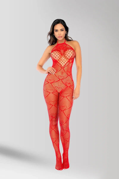 Heart Fishnet Bodystocking with Rhinestone Detail