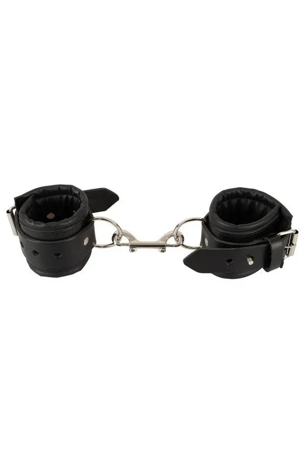 Lockable black leather handcuffs