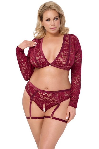 Burgundy lace open set +