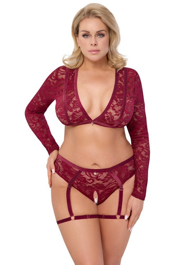 Burgundy lace open set +