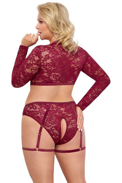 Burgundy lace open set +