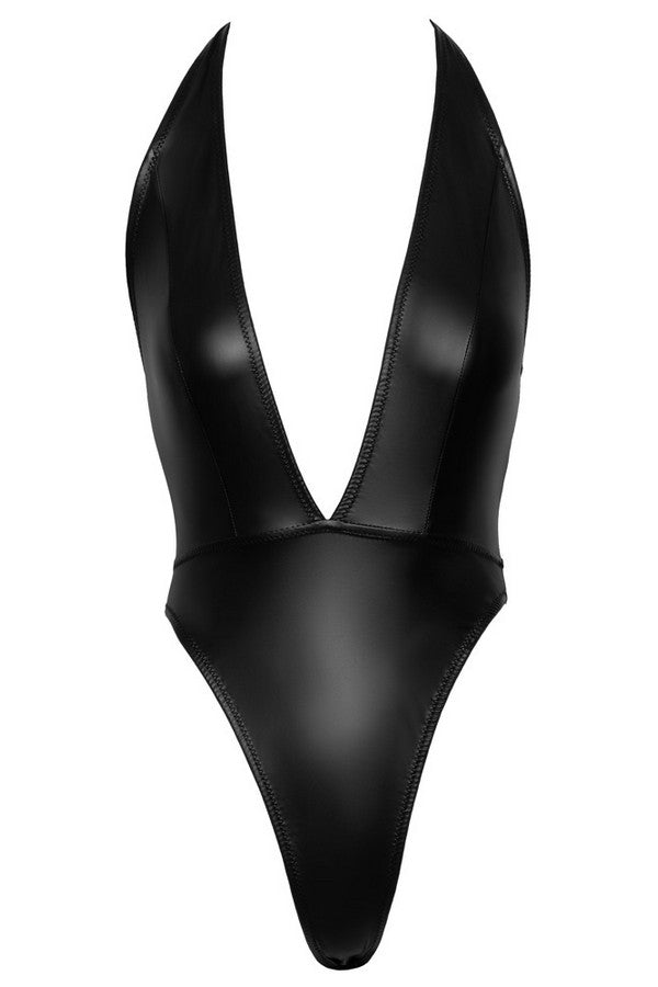 Black high-cut wetlook bodysuit