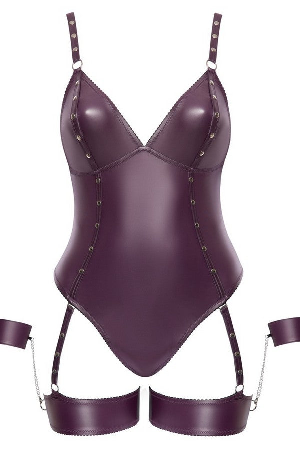 Openable wetlook bodysuit &amp; fasteners