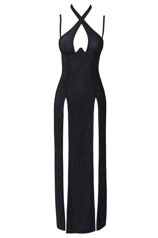 Robe longue brillante noire