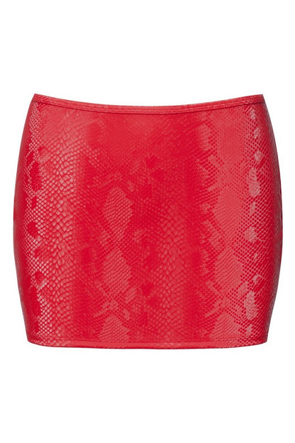 Red snakeskin mini skirt