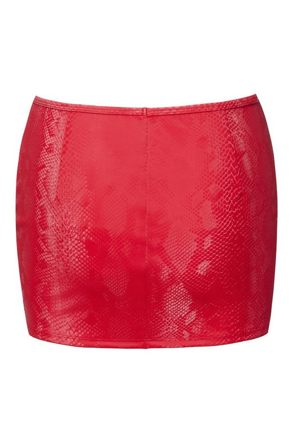 Red snakeskin mini skirt