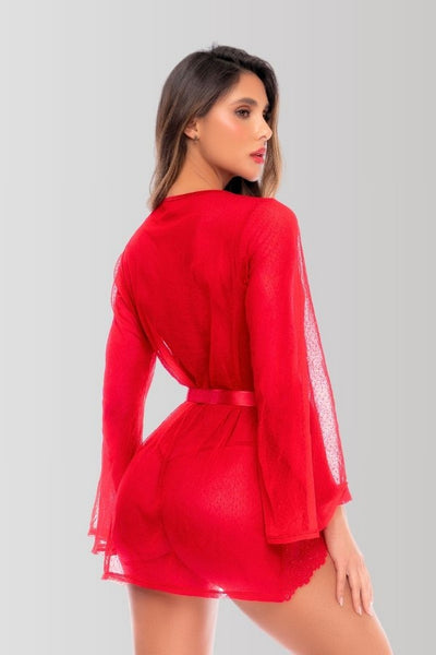 Dotted mesh and lace robe set