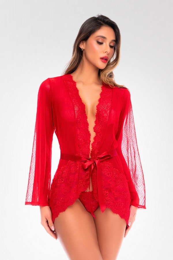 Dotted mesh and lace robe set