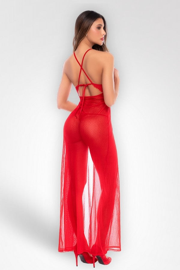 Long red lace dress