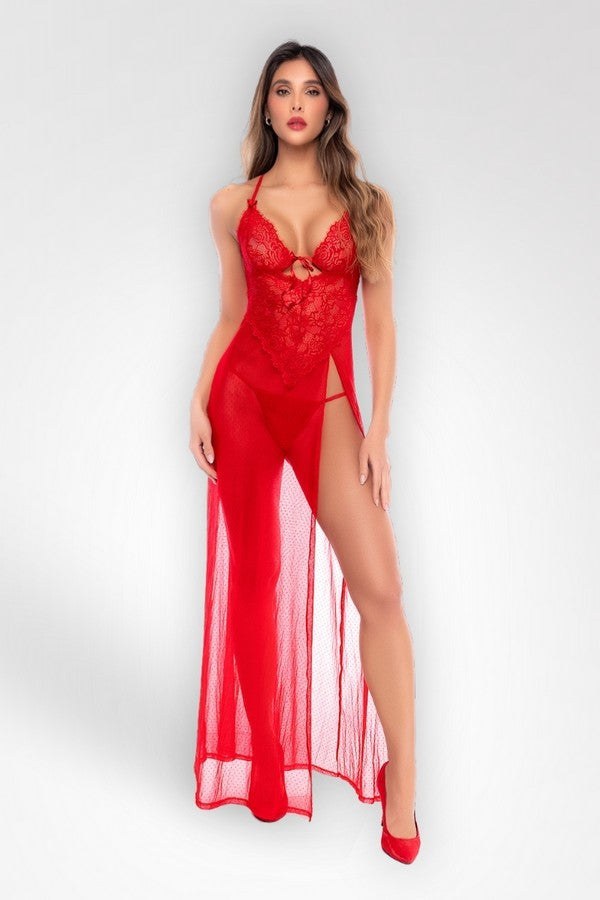 Long red lace dress