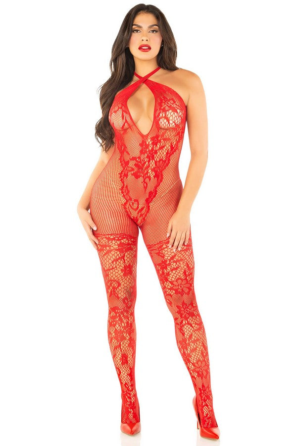 Fishnet jumpsuit with crossed neckline