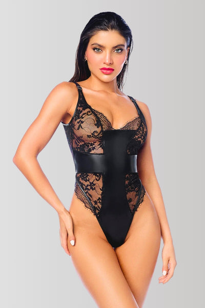 Cross lace + faux leather bodysuit