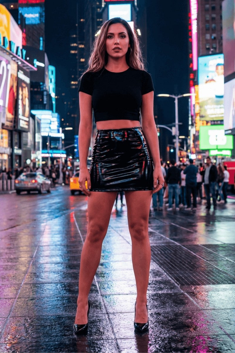 Lara glossy black vinyl mini skirt