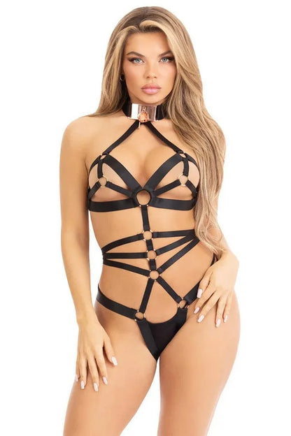 Satin &amp; padlock harness bodysuit