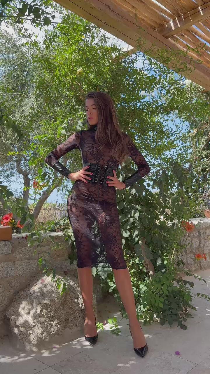 Load video: F375 Noirelle Lace Corset Midi dress